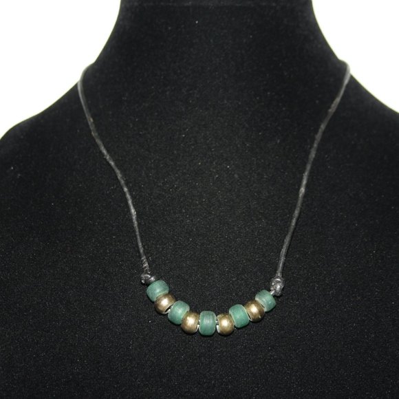 Brand new Black leather cord necklace with Green and gold beads 20" - Picture 4 of 4
